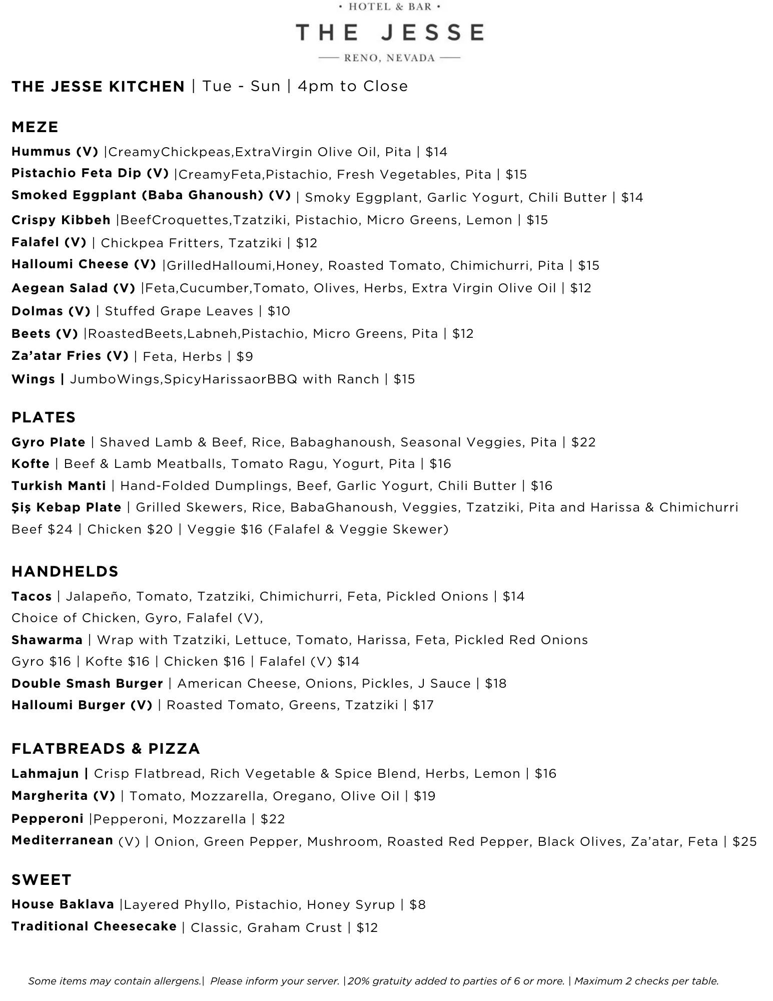 The Jesse Kitchen food menu for October 2026, with Turkish and Mediterranean dishes at The Jesse Hotel & Bar in Reno.
